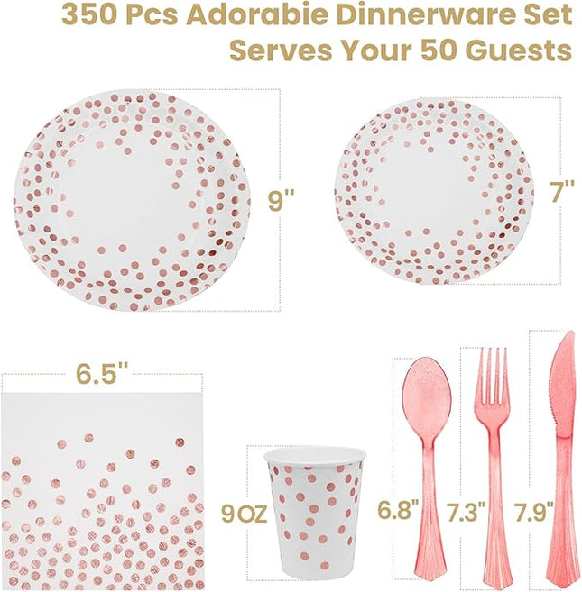 AIRE 350PCS White and Rose Gold Paper Plates Party Supplies for 50 Guests Party Decorations Dinnerware Rose Golden Dot Paper Plates Napkins Cups Gold Plastic Forks Knives Spoons for Wedding Birthday