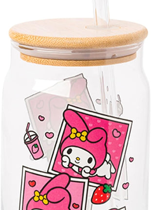 Silver Buffalo Sanrio Hello Kitty and Friends My Melody Polaroids Glass Jar Tumbler with Bamboo Lid and Glass Straw, 16 Ounces