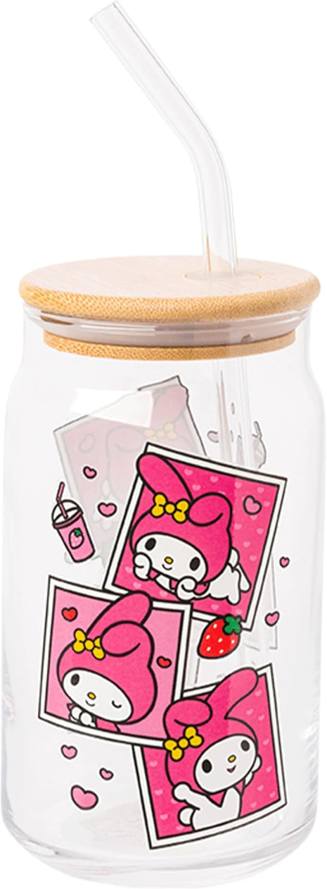 Silver Buffalo Sanrio Hello Kitty and Friends My Melody Polaroids Glass Jar Tumbler with Bamboo Lid and Glass Straw, 16 Ounces (Pack of 12)
