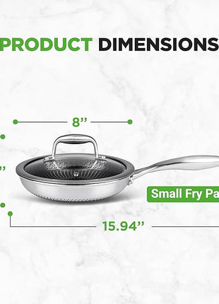 NutriChef 8" Stainless Steel Frying Pan - Triply Kitchenware Stir Fry Pan Kitchen Cookware w/DAKIN Etching Non-Stick Coating, Scratch-resistant Raised-up Honeycomb Fire Textured Pattern - NC3PL8