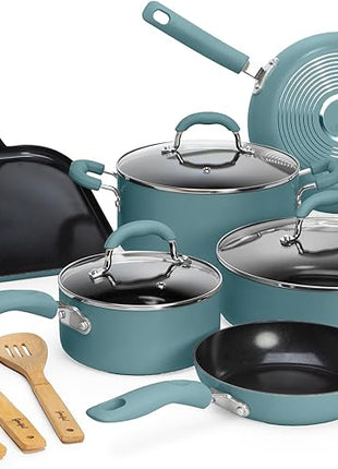Goodful Ceramic Nonstick Pots and Pans Set, Premium Ceramic Coating Made without PFOA, PTFE or PFAS, Dishwasher Safe, 12-Piece, Turquoise