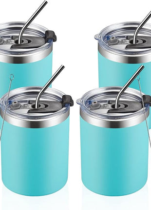 MEWAY 12 oz Lowball, Tumbler Stainless Steel Double Wall Vacuum Insulated Mug with Straw and Lid, Cleaning Brush ，Durable Powder Coated Insulated Coffee Cup for Cold & Hot Drinks (Light Blue,4 pack)