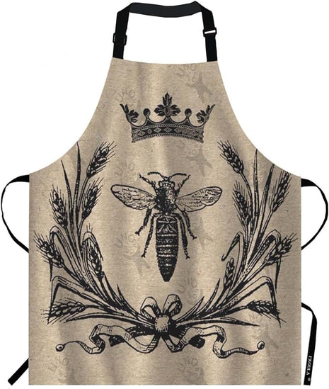EKOBLA Bee Aprons Vintage Queen Bees Retro Crown Floral Ear Bowknot Black Waterproof Resistant Chef Cooking Kitchen BBQ Adjustable Aprons for Women Men 27x31 Inch