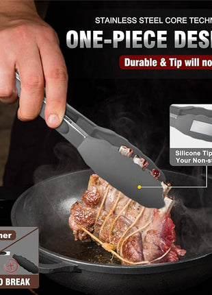 Walfos 600 Degree Heat Resistant Silicone Tongs for Cooking - Kitchen Tongs With Silicone Tips set of 3 size Food Looking Tongs (7" 9" and 12 inch Dark Grey)