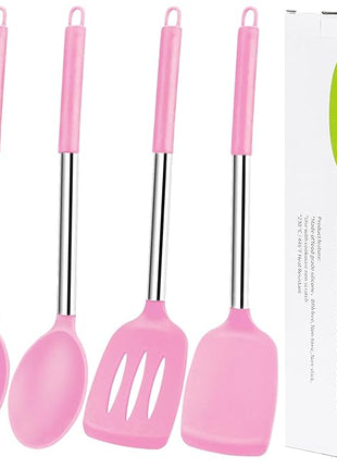 Silicone Spatula Spoon Set, 4 PCS Silicone Cooking Utensils Spatula Spoon Set with Stainless Steel Handle, BPA Free Kitchen Turners for Frying, Mixing, Serving, Draining, Turning, Stirring, Pink