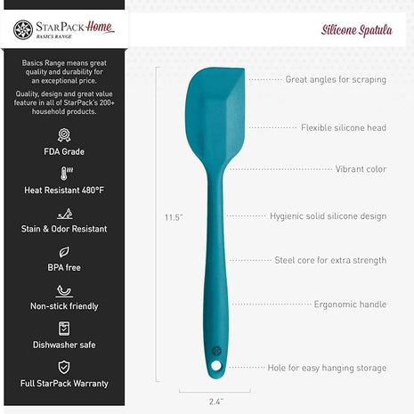 StarPack Basics Silicone Spatula (11.5"), High Heat Resistant to 480°F, Hygienic One Piece Design, Non Stick Rubber Cooking Utensil (Teal Blue)