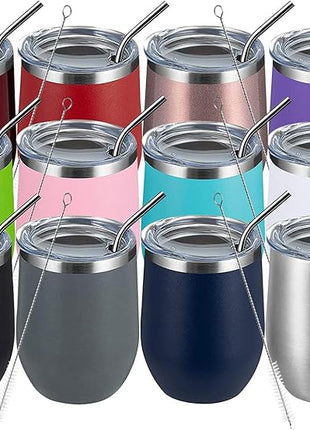 MEWAY 12oz Wine Tumbler Mix Color 12 Pack Bulk Gifts for Women, Vacuum Stainless Steel Travel Mug with Lid,Insulated Stemless Wine Cup Glass for Coffee,Cocktails,Drinks(Mix,Set of 12)