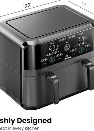 Chefman 6 Quart Dual Basket Air Fryer - Digital Touchscreen, Smart Sync Finish, Hi-Fry, Auto Shutoff, 2 Independent 3QT Nonstick Dishwasher-Safe Frying Baskets - Digital Double Air Fryer - Black