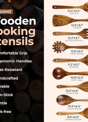 SPATUAMZ Wooden Spoons for Cooking, Teak Wood Nonstick Kitchen Utensils Set, Non-Toxic Wooden Spatula Set of 9 for Any Kitchen