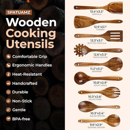 SPATUAMZ Wooden Spoons for Cooking, Teak Wood Nonstick Kitchen Utensils Set, Non-Toxic Wooden Spatula Set of 9 for Any Kitchen