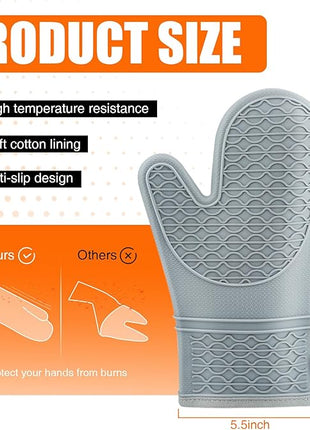 Silicone Oven Mitts, Heat Resistant 2PCS Oven Mitts with Soft Cotton Lining, Waterproof Non-Slip Grip Oven Glove, Kitchen Potholder Mits for BBQ, Baking, Cooking, 12.5 Inch - Grey