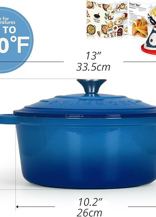 Overmont Enameled Cast Iron Dutch Oven - 5.5QT Pot with Lid Cookbook & Cotton Potholders - Heavy-Duty Cookware for Braising, Stews, Roasting, Bread Baking blue