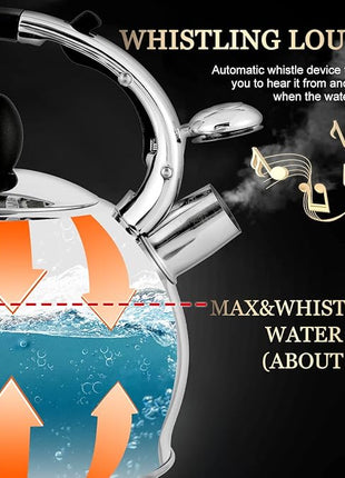 SUSTEAS Stove Top Whistling Tea Kettle - Food Grade Stainless Steel Teakettle Teapot with Cool Touch Ergonomic Handle, With 1 Silicone Pinch Mitt Included,2.64 Quart(SILVER)