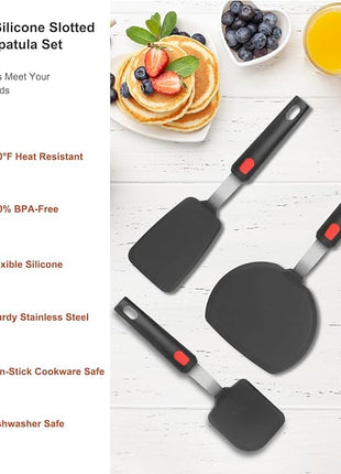 Hotec Silicone Spatula Turner for Nonstick Cookware, Cooking Spatulas 600°F Heat Resistant Large Flexible Rubber Spatula Set of 3, Kitchen Utensils for Flipping Eggs, Burgers, Pancakes, Crepes