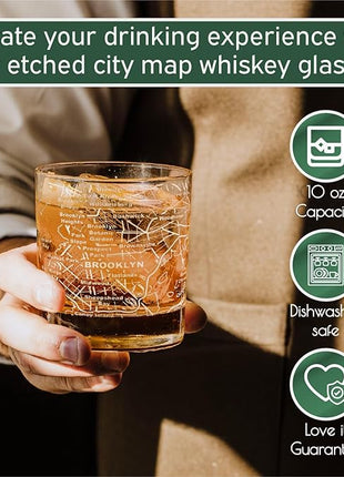 Greenline Goods Whiskey Glasses - 10 Oz Tumbler Gift Set for Brooklyn lovers, Etched with Brooklyn Map | Old Fashioned Rocks Glass - Set of 2