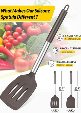 Pack of 2 Silicone Solid Turner, Non Stick Slotted Kitchen Spatulas, High Heat Resistant BPA Free Cooking Utensils, Ideal Cookware for Fish, Eggs, Pancakes(Chocolate)