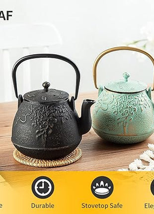 Tea Kettle, TOPTIER Japanese Cast Iron Tea Pot for Stove Top, Cast Iron Teapot Humidifier for Wood Stove, Leaf Design Tea Kettle Coated with Enameled Interior for 32 Ounce (950 ml), Black