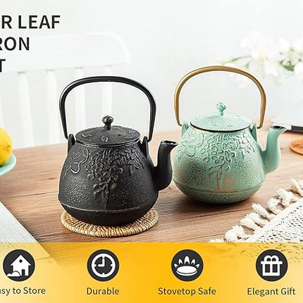 Tea Kettle, TOPTIER Japanese Cast Iron Tea Pot for Stove Top, Cast Iron Teapot Humidifier for Wood Stove, Leaf Design Tea Kettle Coated with Enameled Interior for 32 Ounce (950 ml), Black