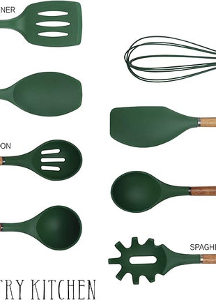 Country Kitchen Non Stick Silicone Utensil Set with Rounded Wood Handles for Cooking and Baking, 8 Piece Set, Green