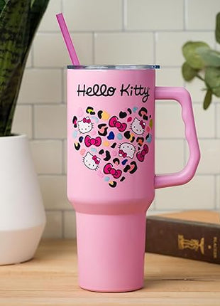 Silver Buffalo Sanrio Hello Kitty Leopard Jungle Cat Print and Bows Heart Stainless Steel Tumbler with Handle and Straw, Fits in Standard Cup Holder, 40 Ounces (Pack of 12)