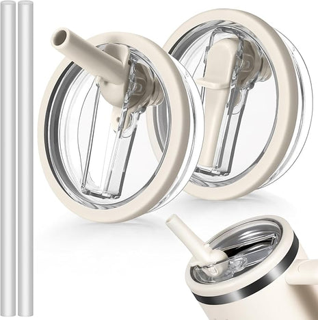 2 Pack Leakproof Lid Replacement 40 oz for Stanley Cup Accessories, Flip Straw Tumbler Leak Proof Lids for Stanley Quencher H2.0, Dust-Proof Straw Cover for stanley cups 40oz (Beige, Beige)