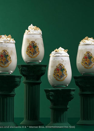 JoyJolt Harry Potter Hogwarts Heritage Stemless Drinking Glasses, 19oz Glass Tumblers, Teardrop Glass Drinking Glasses Set of 4, Hogwarts Cup, Harry Potter Gifts for Adults