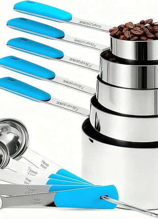 Measuring Cups and Spoons Set Stainless Steel 10 Piece for Cooking and Baking (5 Cups + 5 Spoons, Light Blue Handle)