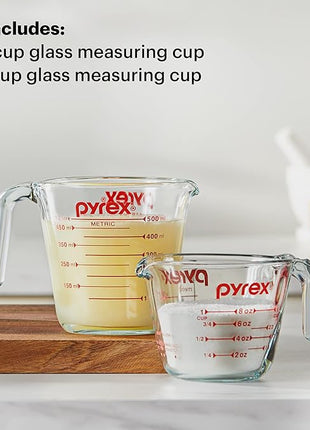 Pyrex Essentials (2-Pack) Glass Measuring Cups Set, (1 & 2 Cup) Measuring Cups For Prepping, Baking and Cooking, Preheated Oven, Dishwasher, Freezer, and Microwave Safe