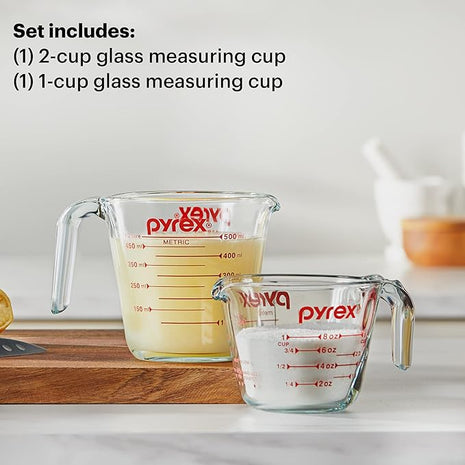 Pyrex Essentials (2-Pack) Glass Measuring Cups Set, (1 & 2 Cup) Measuring Cups For Prepping, Baking and Cooking, Preheated Oven, Dishwasher, Freezer, and Microwave Safe