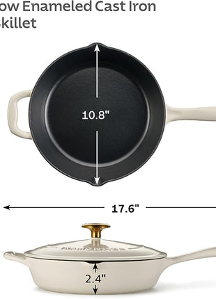 Tramontina Bestow Enameled Cast Iron Skillet with Lid, 10-inch Frying Pan, Latte with Gold Knob