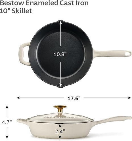 Tramontina Bestow Enameled Cast Iron Skillet with Lid, 10-inch Frying Pan, Latte with Gold Knob