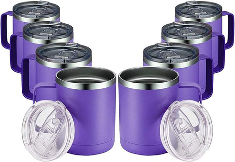 MEWAY 12oz Coffee Mug With Handle 8 Pack Bulk,Stainless Steel Insulated Travel Tumblers With Sliding Lid,Double Wall Vacuum Camping Cup for Hot & Cold Drinks Tea (Purple,Set of 8)