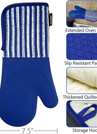 Silicone Oven Mitts Heat Resistant 932℉ with Waterproof & Non-Slip Kitchen Mittens, Set of 2 Extra Long Oven Gloves with Soft Cotton Terry Lining for Baking Cooking Barbecue (Cobait Blue, 2)