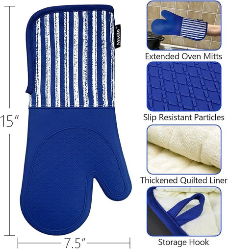 Silicone Oven Mitts Heat Resistant 932℉ with Waterproof & Non-Slip Kitchen Mittens, Set of 2 Extra Long Oven Gloves with Soft Cotton Terry Lining for Baking Cooking Barbecue (Cobait Blue, 2)
