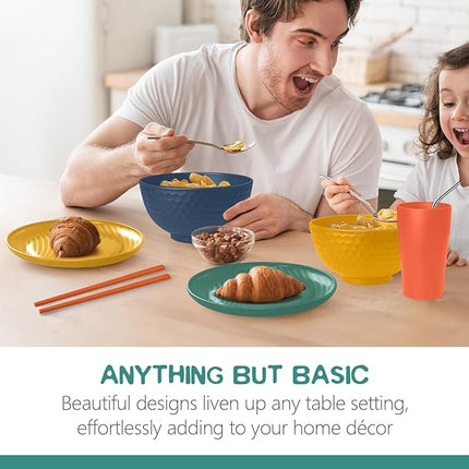 Teivio 40-Piece Kitchen Plastic Wheat Straw Dinnerware Sets for 4, Dinner Plates, Dessert Plate, Cups, Flatware, Dishwasher Safe, Colorful Unbreakable Apartment Outdoor RV Dishes, Autumn Multicolor