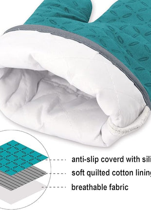 KEGOUU Oven Mitts and Pot Holders 6pcs Set, Kitchen Oven Glove High Heat Resistant 500 Degree Extra Long Oven Mitts and Potholder with Non-Slip Silicone Surface for Cooking (Lake Blue)