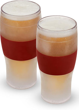 HOST FREEZE Beer Glasses, Frozen Brew Mugs, Freezable Pint Glass Set, Insulated Beer Glass to Keep Your Drinks Cold, Double Walled Insulated Glasses, Gift for Dad, 16oz, Set of 2, Crimson Red