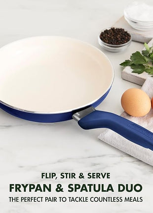 GreenPan Rio Healthy Ceramic Nonstick 8" Frying Pan Skillet and Silicone Spatula Set, Soft Grip Handle, Breaktfast Meal Set, PFAS-Free, Dishwasher Safe, Oven Safe, Oxford Blue