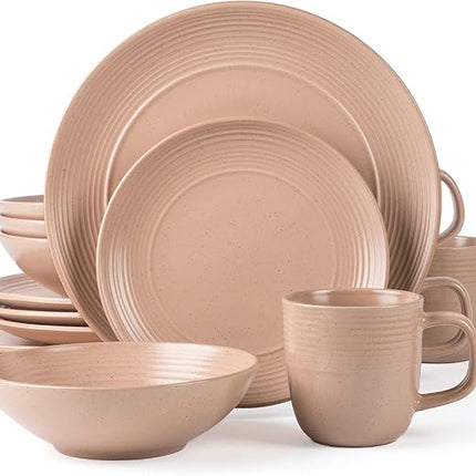 RINGAR Round Stoneware 16pc Dinnerware Set of 4, Dinner Plates, Side Plates, Cereal Bowls, Mugs - Speckle Matte Coral (416867)