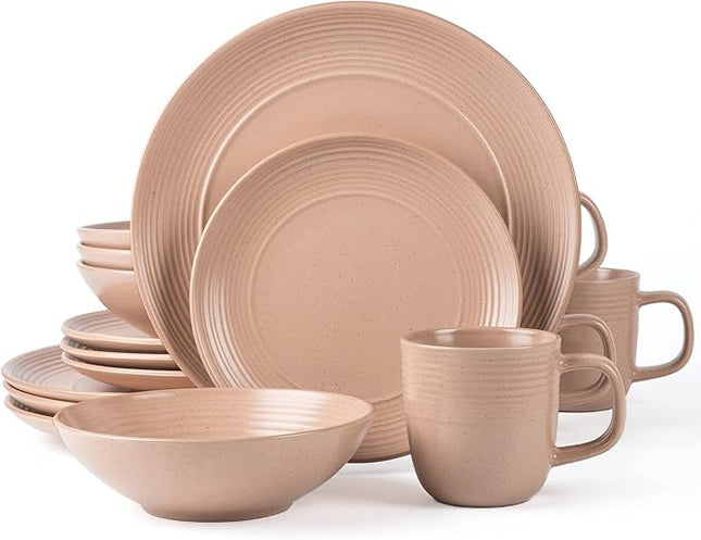 RINGAR Round Stoneware 16pc Dinnerware Set of 4, Dinner Plates, Side Plates, Cereal Bowls, Mugs - Speckle Matte Coral (416867)
