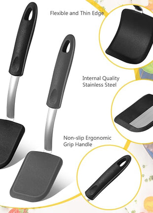 Silicone Cookie Spatula Turner 2 Pack Mini Brownie Spatula Flexible Kitchen Small Silicone Turner for Nonstick Cookware Heat Resistant No Scratch Flipper for Egg Pancake(Black, Grey)