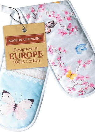 Maison d' Hermine Double Oven Mitts 100% Cotton 7"x35" Double Oven Mitt Heat Resistant BBQ Cooking Gloves with Loop, Baking, Grilling, Kitchen, Handling Hot Pans Spring Summer (Blossoms in Spring)