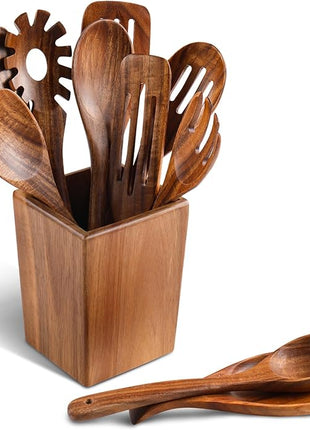 Wooden Spoons for Cooking, 11 Pcs Wood Cooking Utensils Set with Holder, Natural Acacia Wooden Kitchen Tools, Nonstick Cookware, Easy Clean, Kitchen Utensil Set for Mom, Wife Cooking Gifts