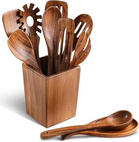 Wooden Spoons for Cooking, 11 Pcs Wood Cooking Utensils Set with Holder, Natural Acacia Wooden Kitchen Tools, Nonstick Cookware, Easy Clean, Kitchen Utensil Set for Mom, Wife Cooking Gifts