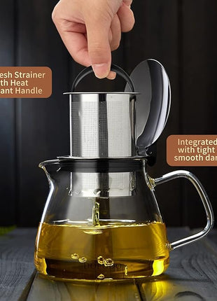 Glass Teapot Tea Pot with Removable Stainless Steel Infuser, 25oz / 760ml Borosilicate Glass Tea Kettle for Office Work, Fine Strainer for Loose Leaf Tea