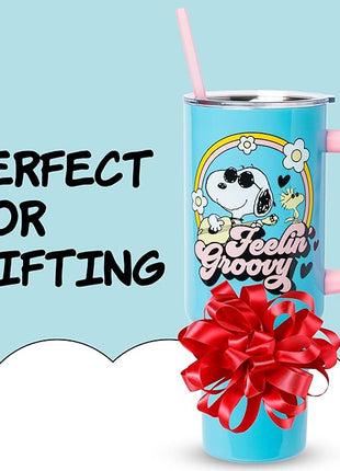 Silver Buffalo Peanuts Featuring Snoopy and Woodstock Feelin' Groovy Stainless Steel Tumbler with Handle and Straw, Fits in Standard Cup Holder, 40 Ounces