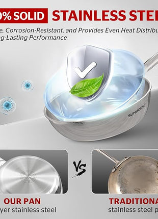 Sunhouse 9 Inch Tri-Ply Stainless Steel Frying Pan, Whole-Clad No Coatings Skillet with Stay-cool Handle for Cooking, Durable & Oven Safe to 500°F, Dishwasher Safe, Compatible with All Cooktops