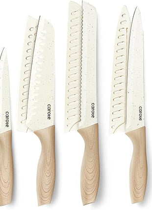 CAROTE 12PCS Knife set with Blade Guards,Granite Nonstick Ceramic Coating,Stainless Steel blade, Wood Grain Handle, Essential knife set,White