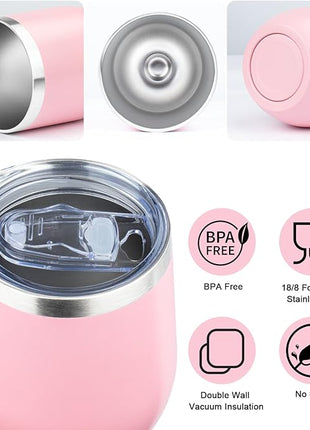 MEZMUT 12oz Insulated Wine Tumbler with Lid Double Wall Vacuum Stainless Steel Wine Glass Coffee Mug Insulated Tumbler Cup for Champaign, Cocktail, Beer (Pink, 1 Pack)