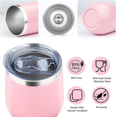 MEZMUT 12oz Insulated Wine Tumbler with Lid Double Wall Vacuum Stainless Steel Wine Glass Coffee Mug Insulated Tumbler Cup for Champaign, Cocktail, Beer (Pink, 1 Pack)